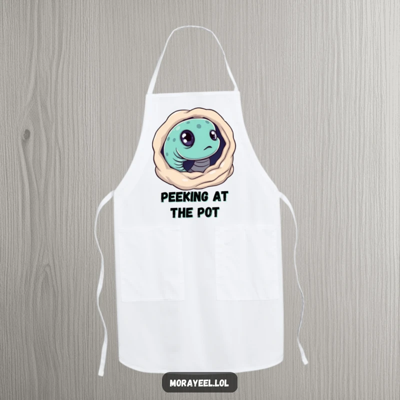 Funny apron showing a moray eel with big, curious eyes, humorously peeking from its hole. Great for kitchen exploration.