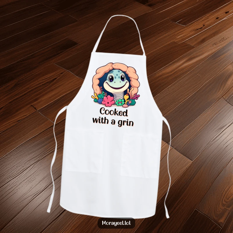 Funny apron showing a grinning moray eel peeking from a colorful coral reef. Ideal for kitchen fun.