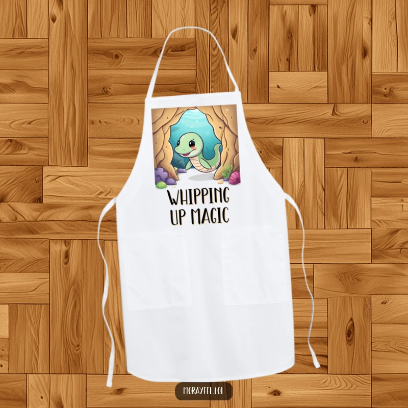 Funny moray eel apron featuring a smiling eel playfully wiggling through an underwater cave, ideal for adventurous cooks.