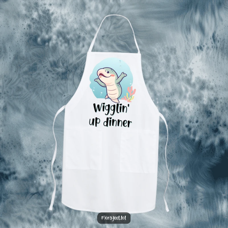 Funny moray eel dancing in the kitchen, wearing a chef hat on a humorous apron, ready for cooking.