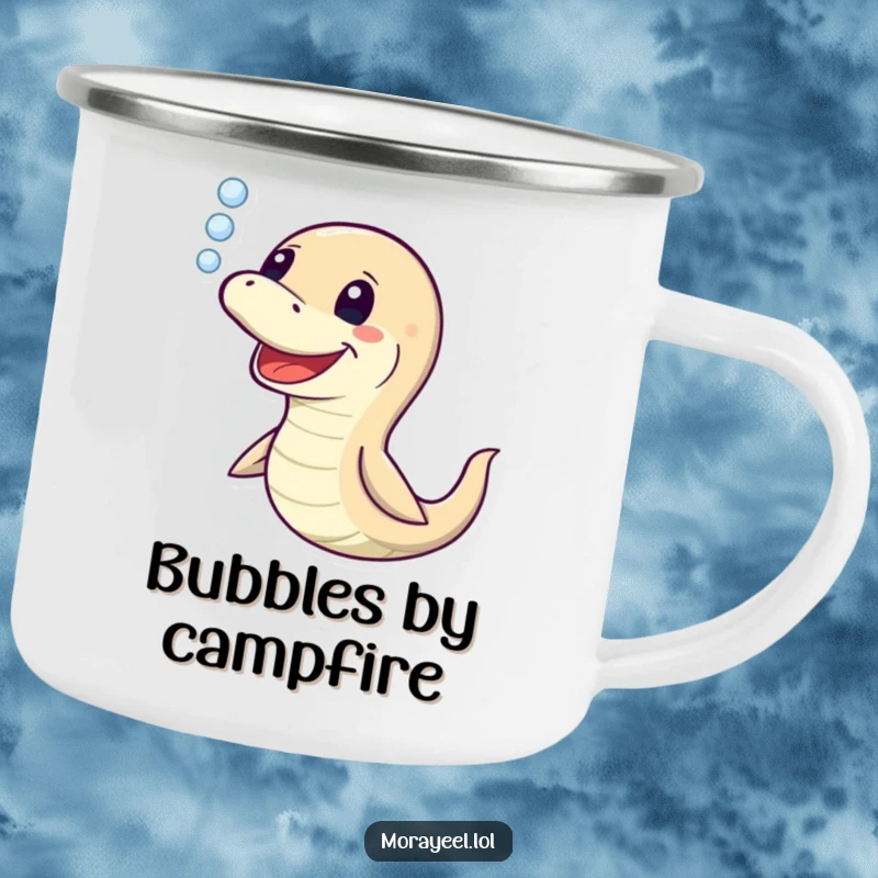 Funny Moray Eel Camping Mug: A happy eel exhaling bubbles, perfect for outdoor adventures and offering a humorous drinking experience, a funny gift.