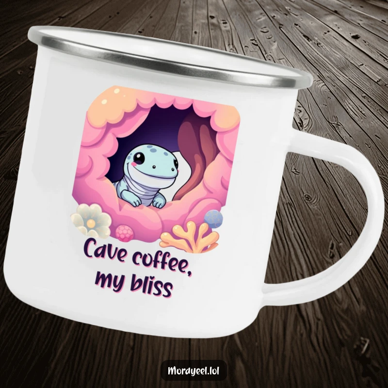 Funny moray eel camping mug with a cute eel smiling and peeking from a colorful coral hole, perfect for enjoying drinks outdoors.