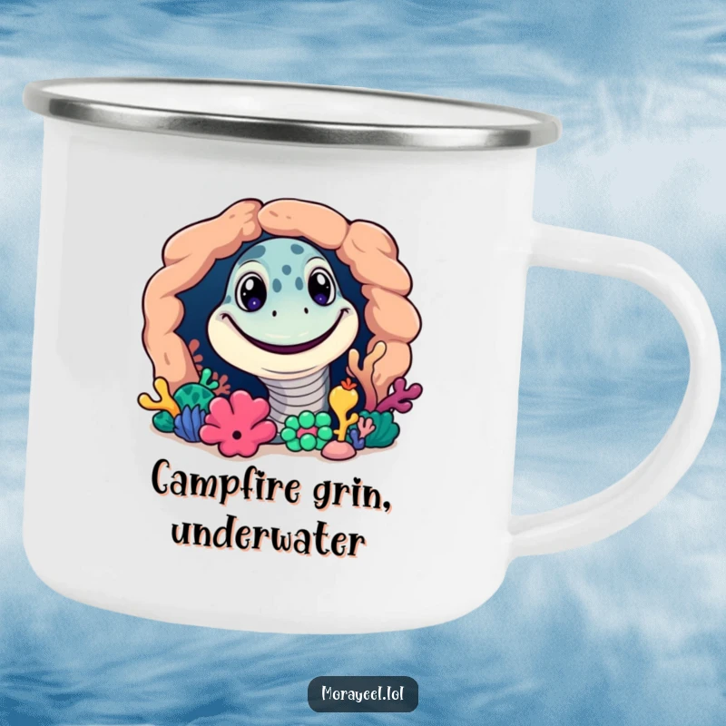 Funny camping mug with a grinning moray eel peeking from a coral reef, ready for outdoor adventures.