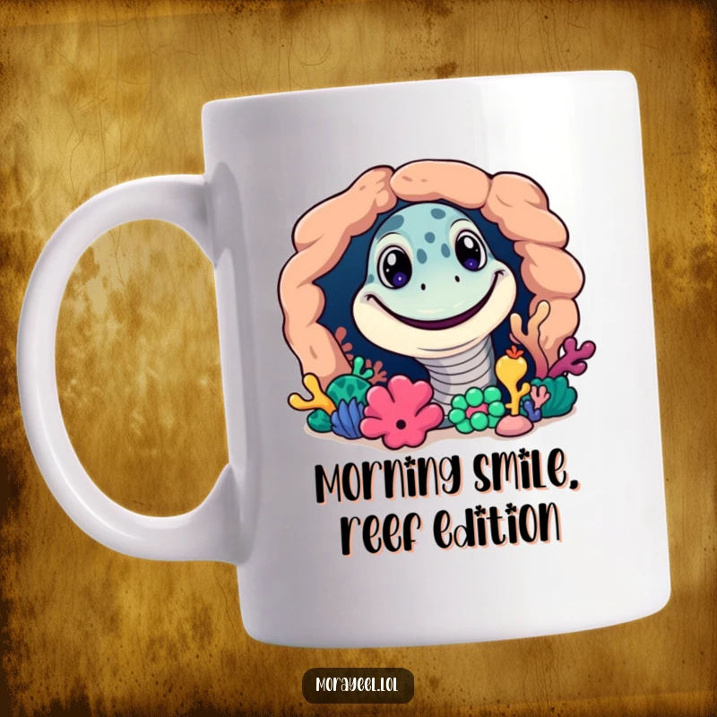 Funny mug featuring a grinning moray eel peeking out from a vibrant, colorful coral reef crevice.