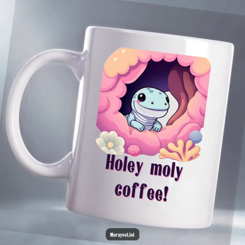 Funny moray eel mug with a cute eel smiling and peeking from a vibrant, colorful coral hole, perfect for ocean lovers.