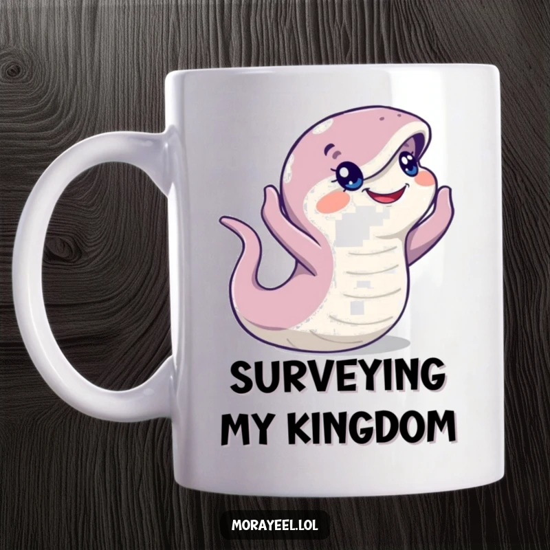Funny Moray Eel Mug: A curious eel holding its head high, looking around with a hint of mischief, perfect for a funny gift.