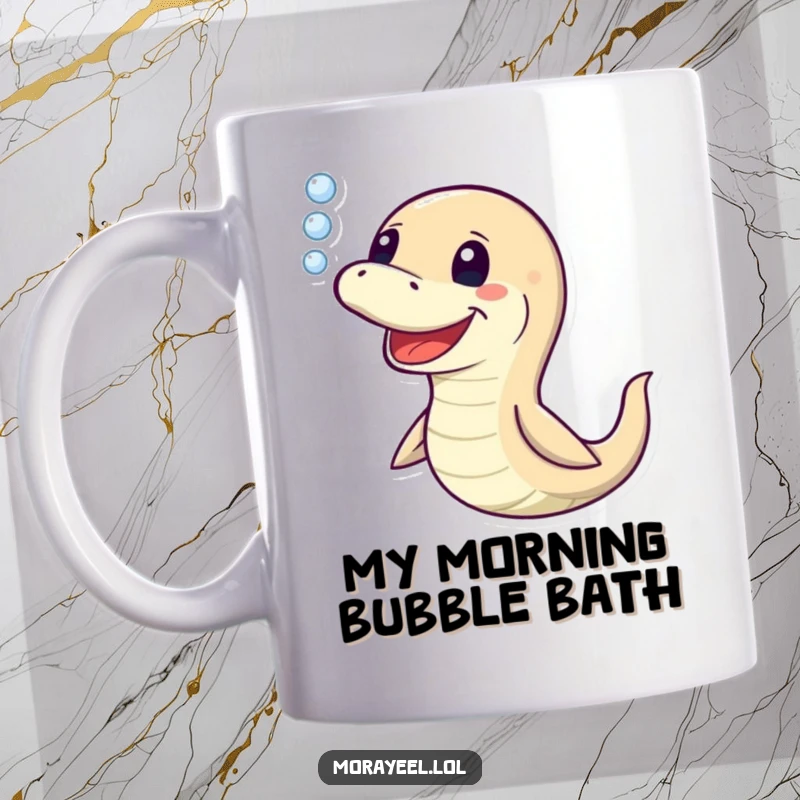 Funny Moray Eel Mug: A joyful eel exhaling bubbles with a happy expression, perfect for a humorous gift.