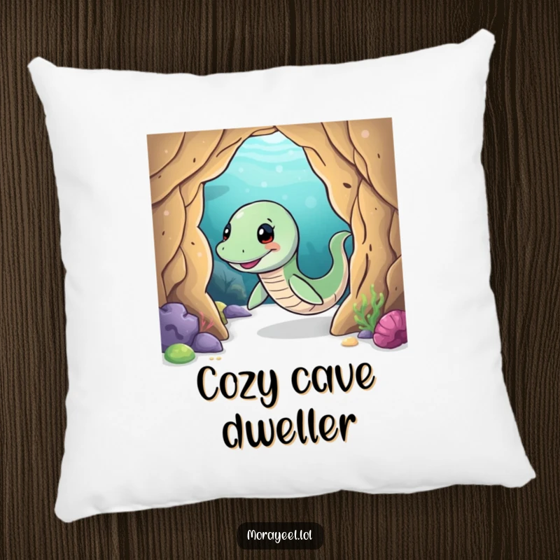 Funny moray eel pillow with a smiling eel playfully wiggling through an underwater cave, perfect for adding comfort and mystery.