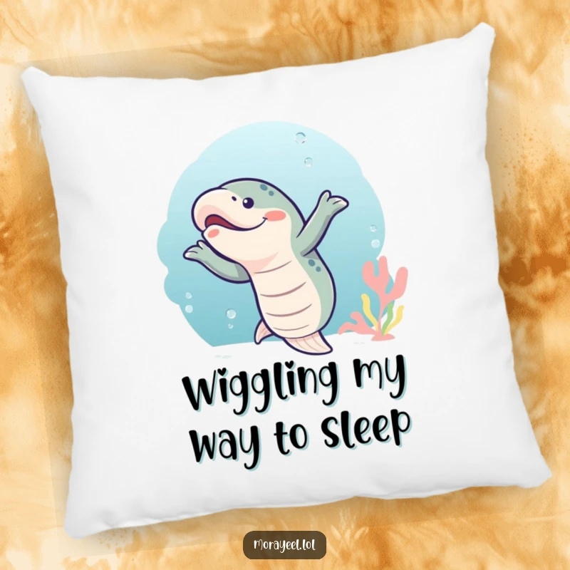 Funny moray eel doing a wiggly dance, depicted on a soft and comfortable pillow for humorous home decor.
