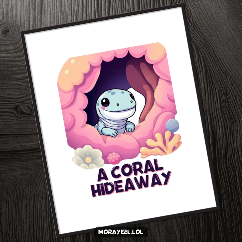 Funny moray eel digital art print of a cute eel smiling and peeking from a colorful coral hole, ideal for vibrant ocean-themed decor.