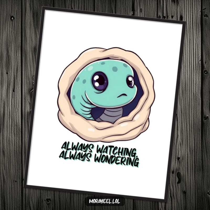 Funny digital art print of a moray eel with big, curious eyes, humorously peeking from its hole, offering intrigue.
