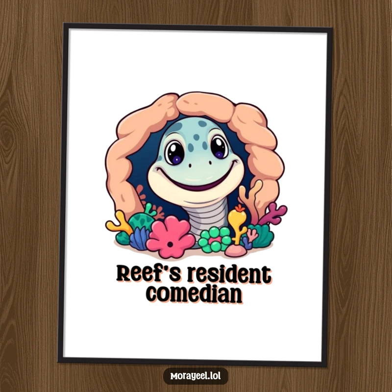 Funny digital art print of a grinning moray eel peeking from a colorful coral reef crevice. Cheerful and vibrant.