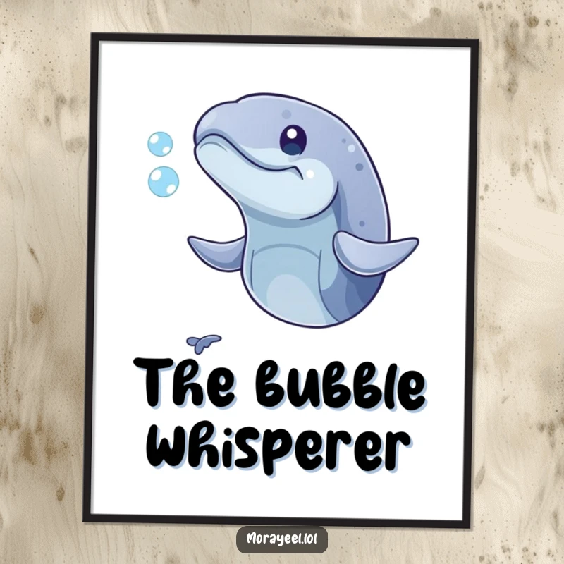 Funny digital art print of a playful moray eel humorously attempting to catch a bubble, offering whimsical charm.