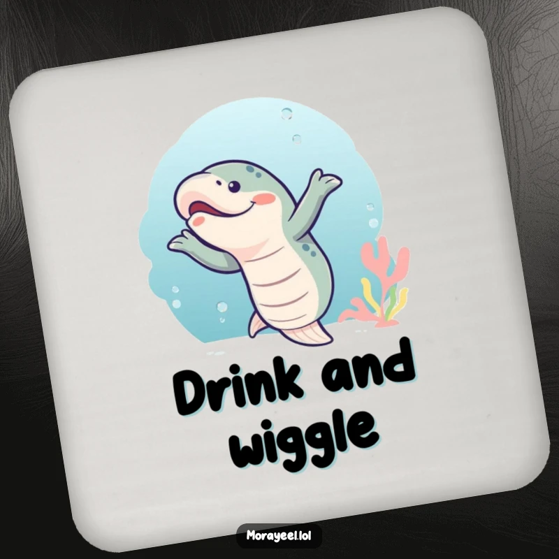 Funny moray eel doing a cheerful wiggly dance, printed on a round drink coaster for a touch of humor.