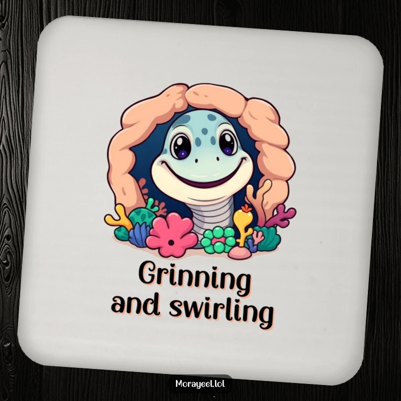 Funny drink coaster featuring a grinning moray eel peeking from a colorful coral reef crevice.