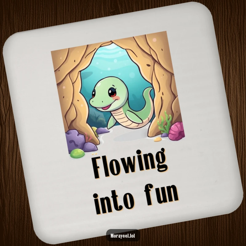 Funny moray eel coaster featuring a smiling eel playfully wiggling through an underwater cave, protecting surfaces with ocean humor.