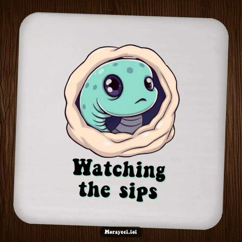 Funny drink coaster featuring a moray eel with big, curious eyes, humorously peeking from its hole.