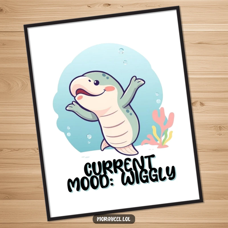 Funny moray eel performing a spontaneous wiggly dance in the ocean, presented as a colorful and humorous wall art poster.