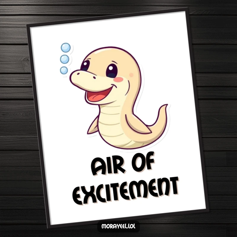 Funny Moray Eel Poster: A vibrant artwork of a happy eel exhaling bubbles, ideal for humorous wall decor and a funny gift.