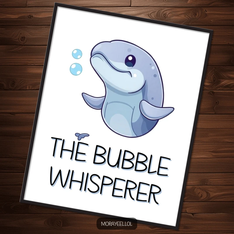 Funny poster art of a playful moray eel with its mouth open, humorously trying to catch a tiny bubble in the water.