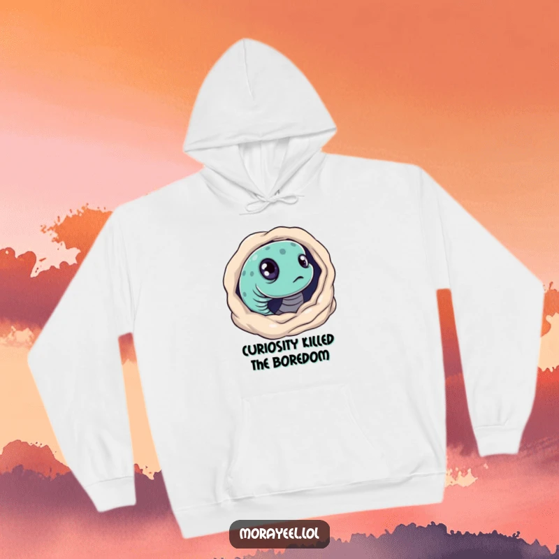 Funny hoodie featuring a moray eel with big, curious eyes, humorously peeking from its hole. Cozy and intriguing.