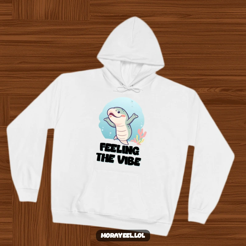 Funny moray eel doing a silly wiggly dance in the sea, featured on a warm and cozy hoodie.