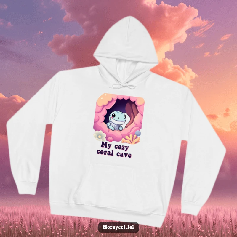 Funny moray eel hoodie with a cute eel smiling and peeking from a colorful coral hole, ideal for staying warm with ocean charm.