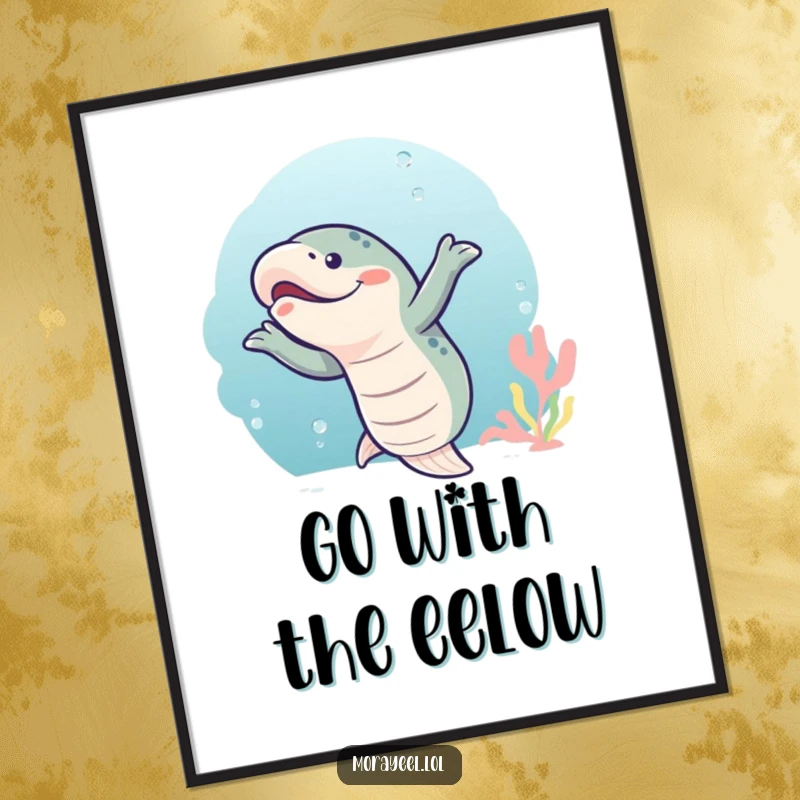 Funny Free Printable Wall Art depicting a moray eel doing a hilarious, energetic wiggly dance in a vibrant underwater scene.