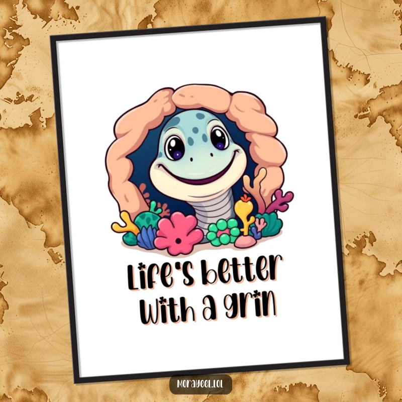 Funny Free Printable Wall Art of a grinning moray eel peeking out from a vibrant coral reef, full of personality.