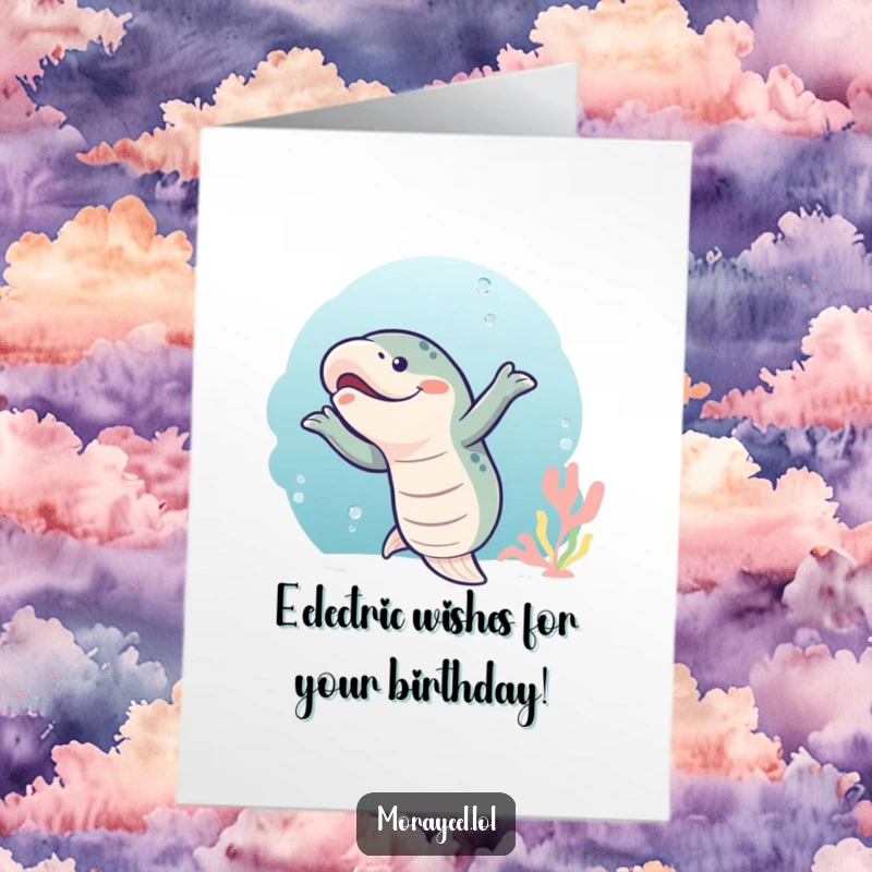 Funny Free Printable Birthday Card featuring a happy moray eel doing a silly wiggly dance in the ocean current.