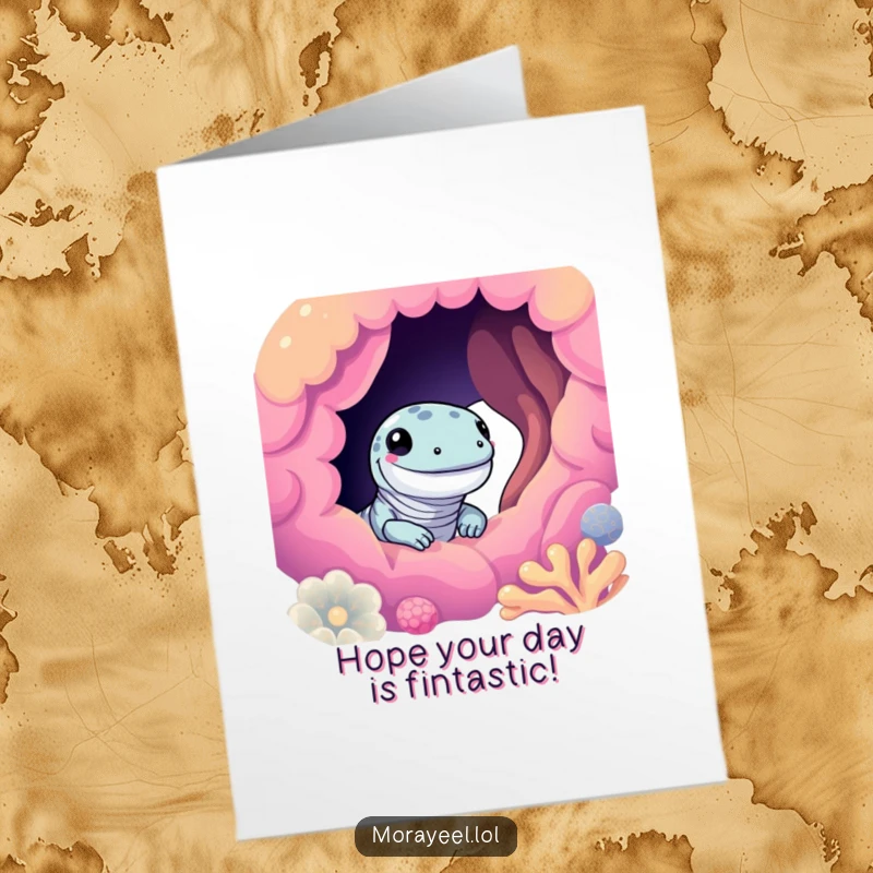 Free Printable Birthday Card featuring a cute moray eel character peeking with a smile from a vibrant, colorful coral hole.