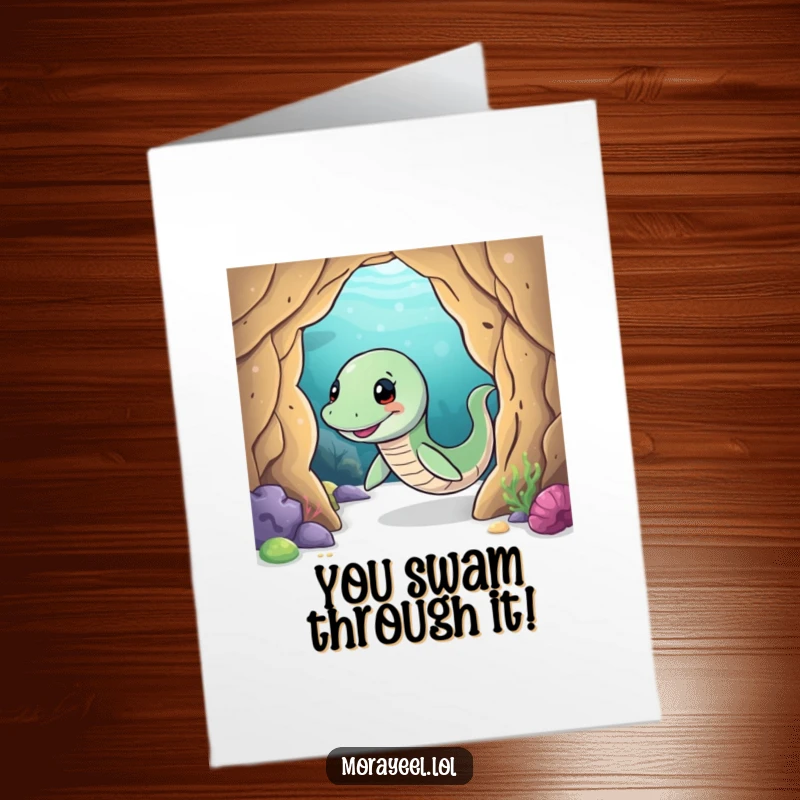 Free Printable Congratulations Card with a smiling moray eel character joyfully wiggling through an underwater cave.