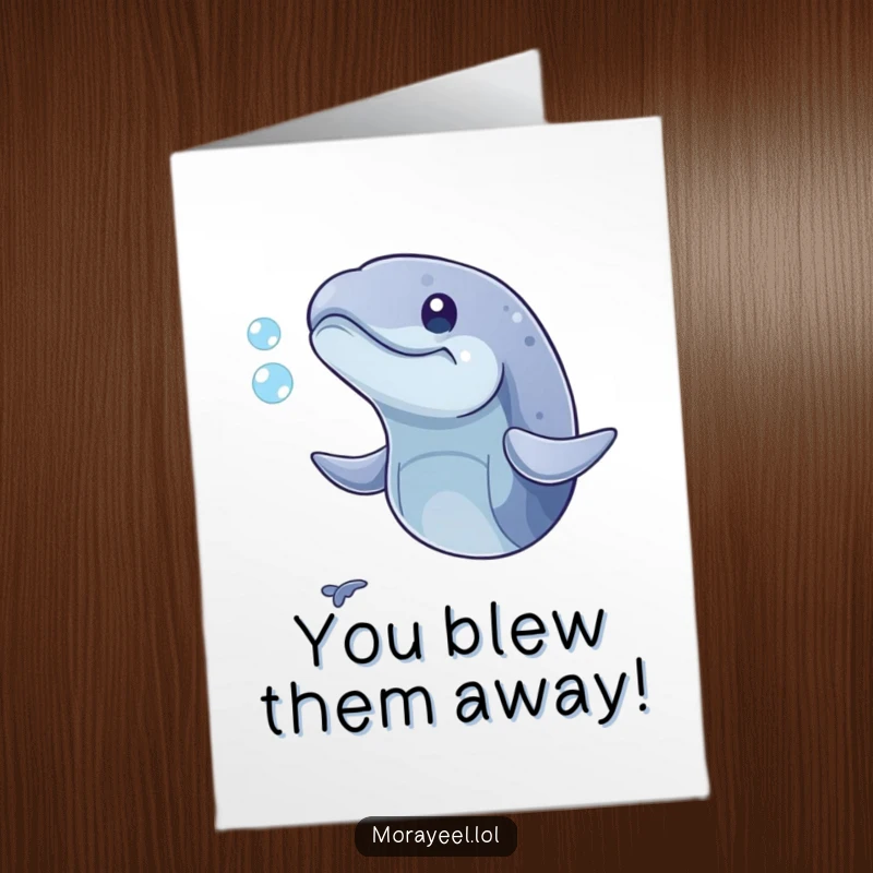 Funny Free Printable Congratulations Card showing a moray eel with its mouth open playfully attempting to catch a small bubble.