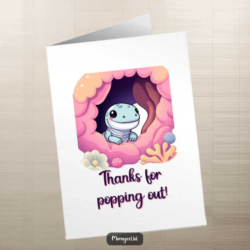 Free Printable Thank You Card featuring a cute moray eel character smiling as it peeks from a colorful coral hole.