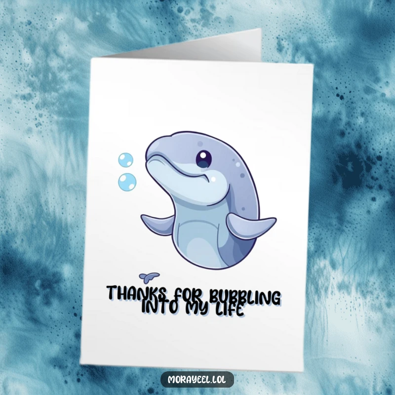 Funny Free Printable Thank You Card of a moray eel with an open mouth trying to catch a tiny, floating bubble.