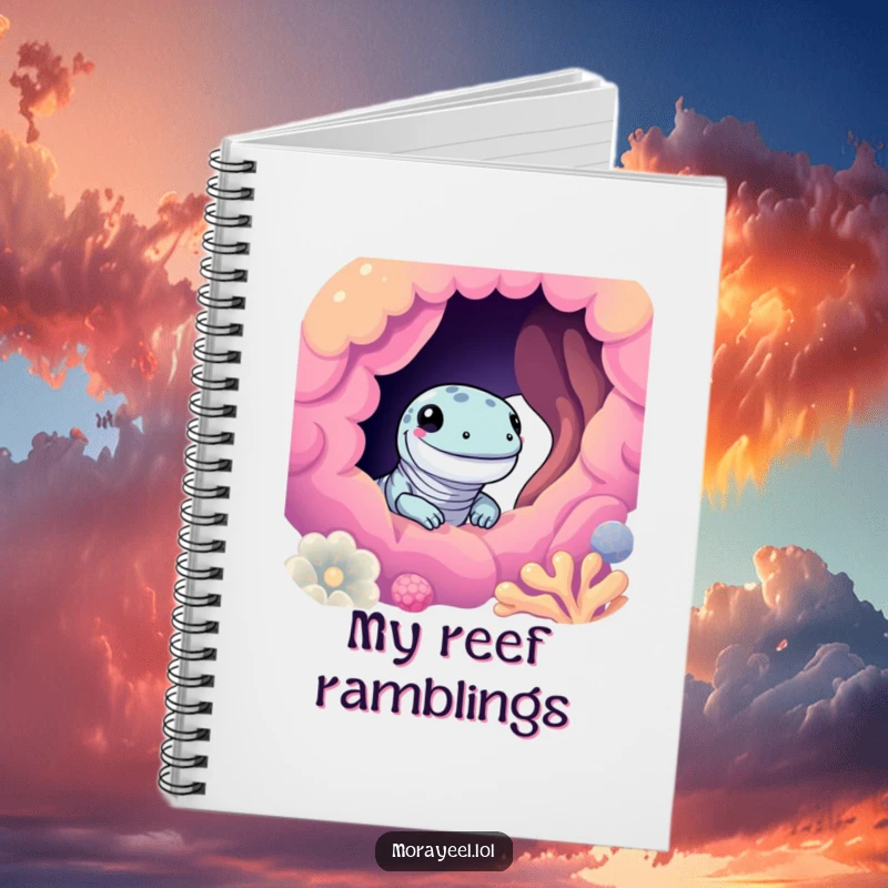 Funny moray eel notebook with a cute eel smiling and peeking from a colorful coral hole, perfect for journaling and creative writing.