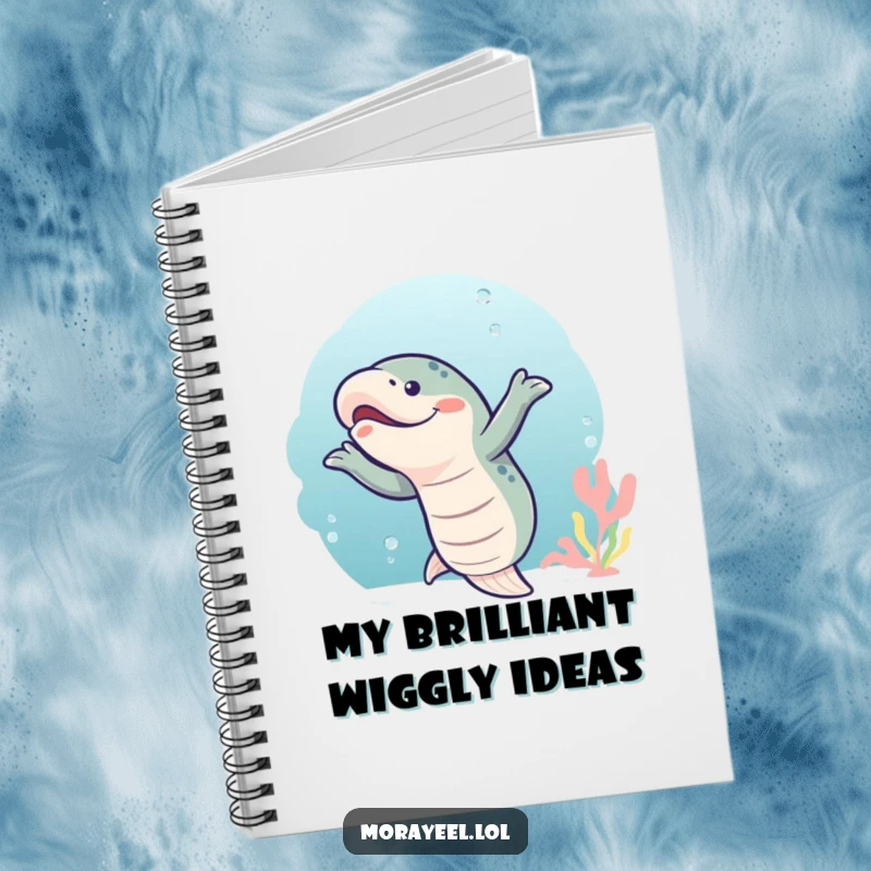 Funny moray eel performing a wiggly dance, featured on the cover of a lined notebook for jotting down ideas.