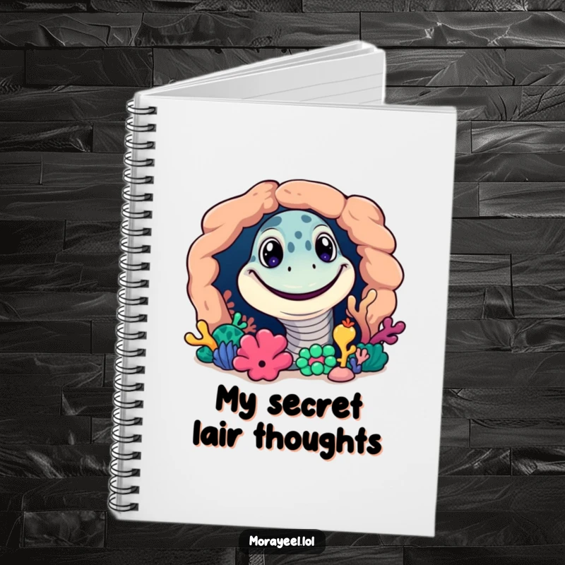 Funny notebook cover featuring a grinning moray eel peeking from a colorful coral reef crevice. Great for notes.