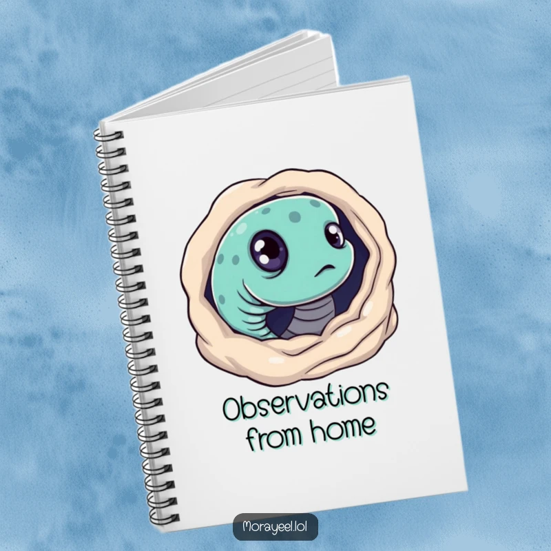 Funny notebook cover featuring a moray eel with big, curious eyes, peeking out from its hole. Ideal for notes.