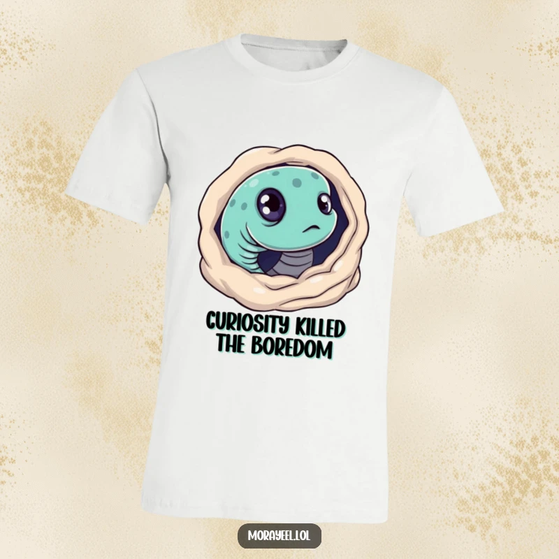 Funny t-shirt depicting a moray eel with large, curious eyes, peeking out from its underwater den.