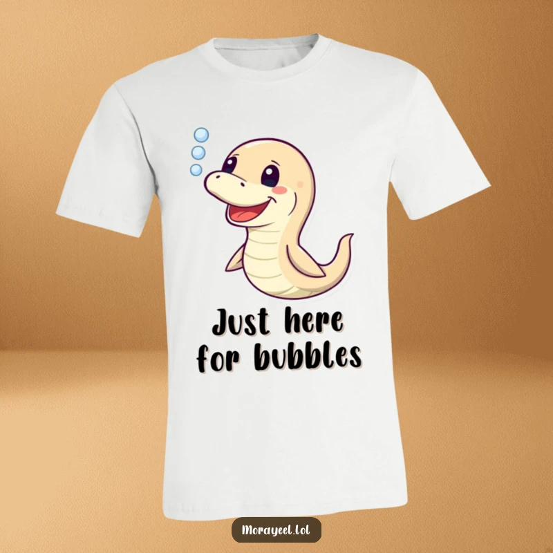 Funny Moray Eel T-Shirt: A comical eel happily blowing bubbles, showcasing a jovial underwater mood for a great gift.