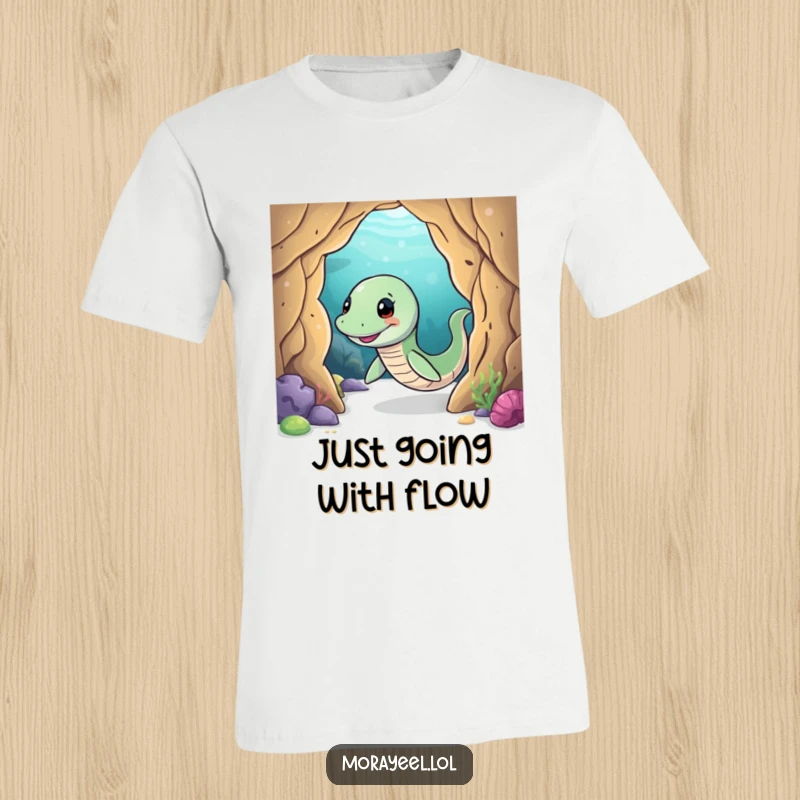 Funny moray eel t-shirt with a smiling eel playfully wiggling through an underwater cave, great for adventurers and sea lovers.
