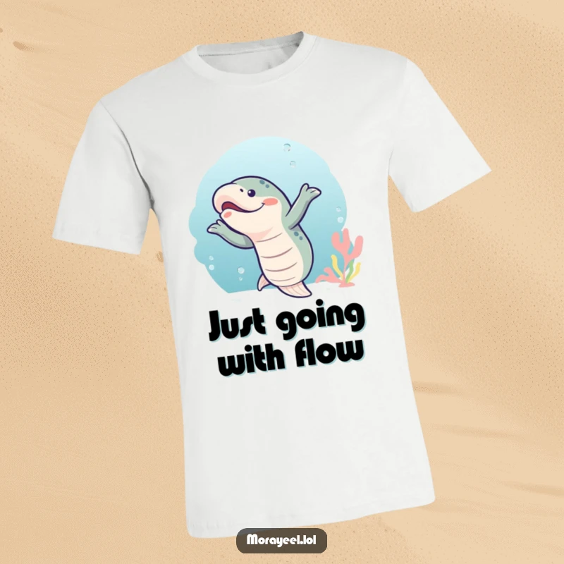 Funny moray eel performing a joyful wiggly dance in the ocean current, depicted on a comfortable t-shirt.