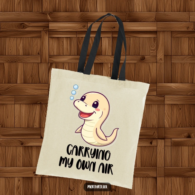 Funny Moray Eel Tote Bag: Depicting a happy eel releasing bubbles, this bag is a humorous and practical funny gift.