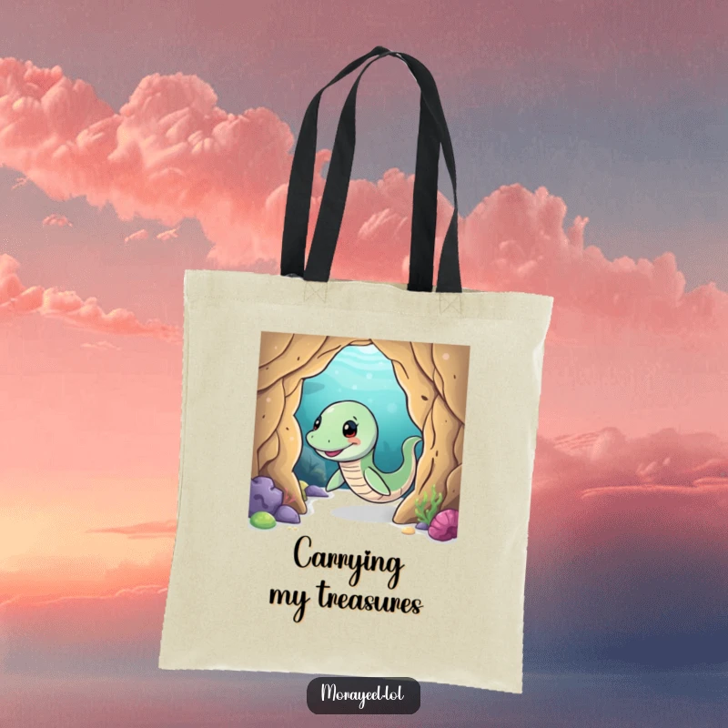 Funny moray eel tote bag with a smiling eel playfully wiggling through an underwater cave, great for shopping and beach trips.