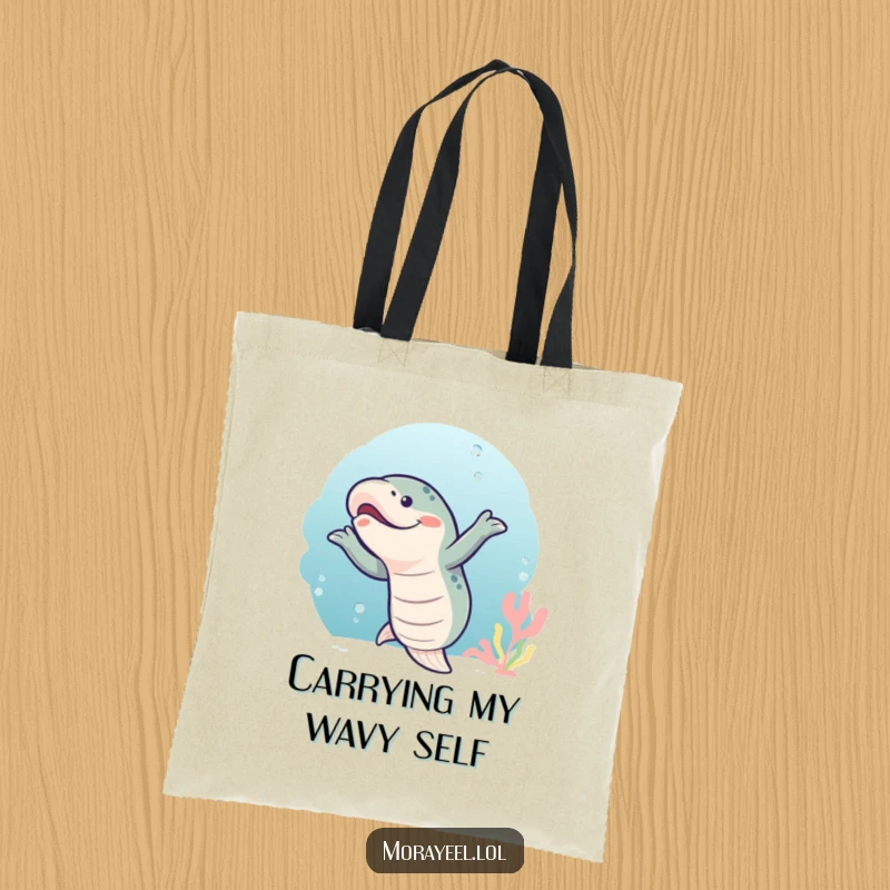 Funny moray eel dancing energetically in the water, printed on a durable tote bag for a splash of humor.