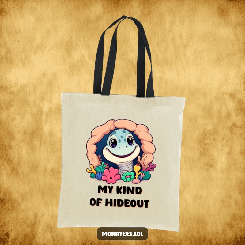 Funny tote bag featuring a grinning moray eel peeking from a colorful coral reef crevice. Whimsical and practical.