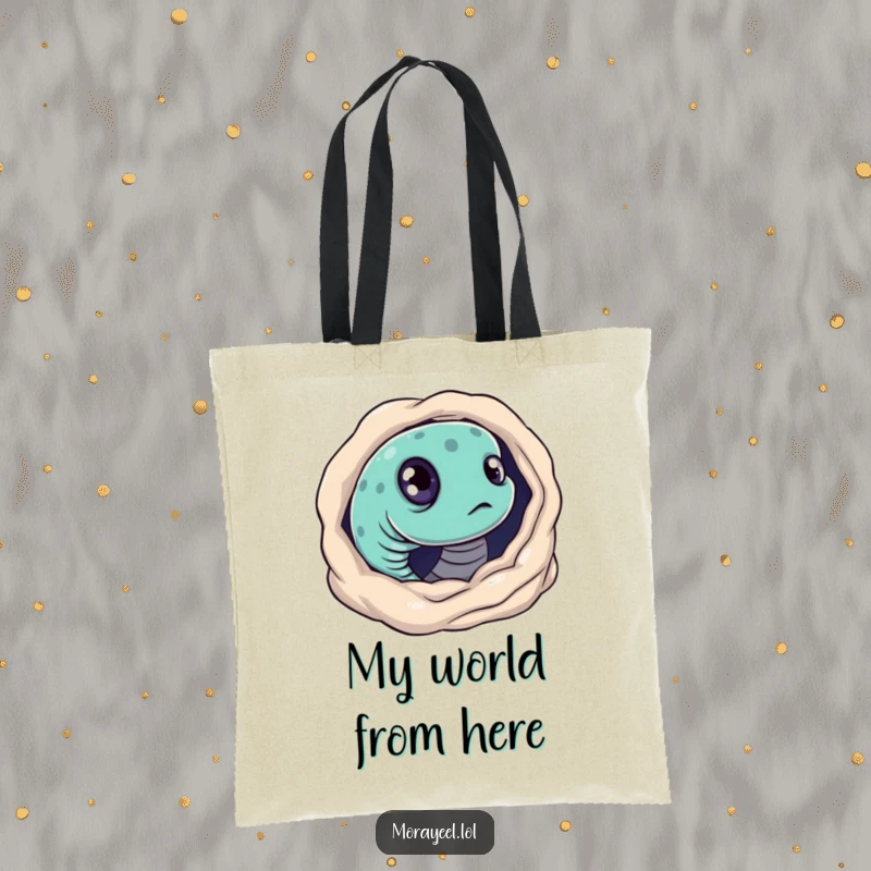 Funny tote bag illustrating a moray eel with big, curious eyes, peeking out from its underwater hole. Whimsical and practical.